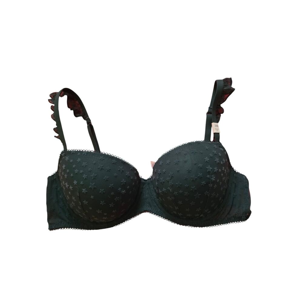Victoria’s Secret Dark Green Star Flocked Mesh Push Up Bra Ruffle Straps 38C